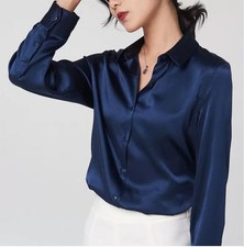 Pure Mulberry Silk Long Sleeve Button Down V Neck Workwear Blouse Top Shirts
