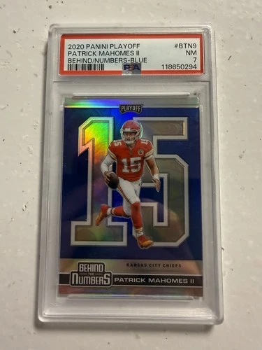 2020 Panini Playoff Behind the Numbers Patrick Mahomes Blue Prizm Graded PSA 7