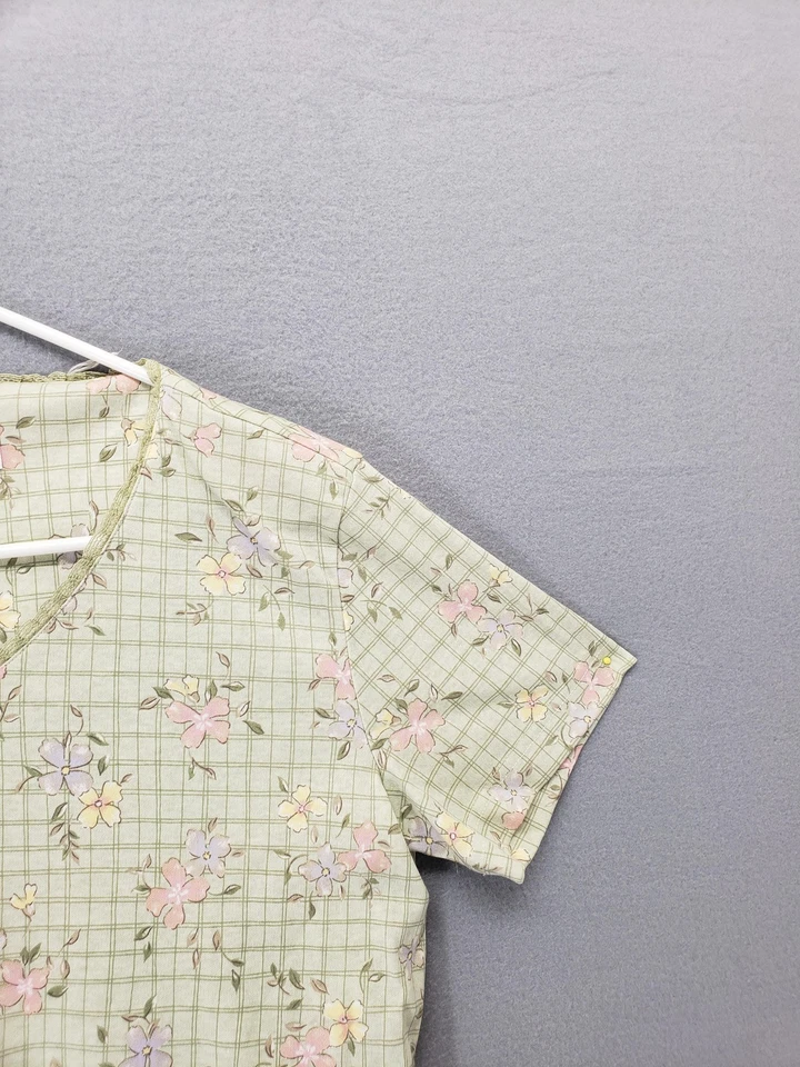 Camisa esportiva feminina Jaclyn Smith pequena verde floral xadrez manga curta primavera top - Imagem 3 de 4