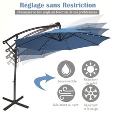 Parasol Déporté 3M 24 Lumières LED Solaires Rotatif 360° Base Croisée Manivelle