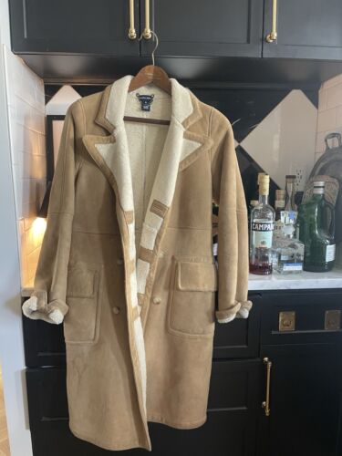 RALPH LAUREN Women's Brown Suede Shearling-Lined Coat Vintage Fits Like A 10