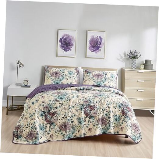 Purple Floral Quilt Set - Heylie 3-Piece Size Reversible Queen 06 Heylie