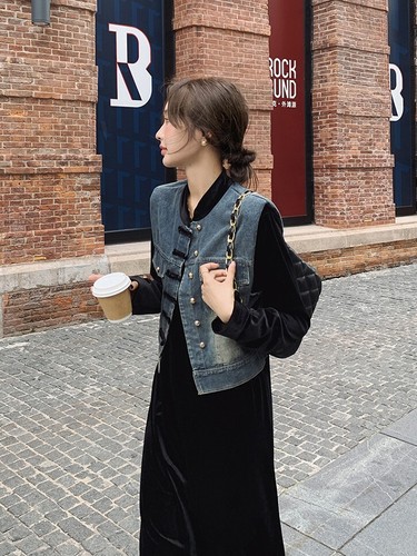 Midi Dress Denim Vest Set Women Long Sleeve Round Neck Black Velvet Size 6-14 - Picture 15 of 18