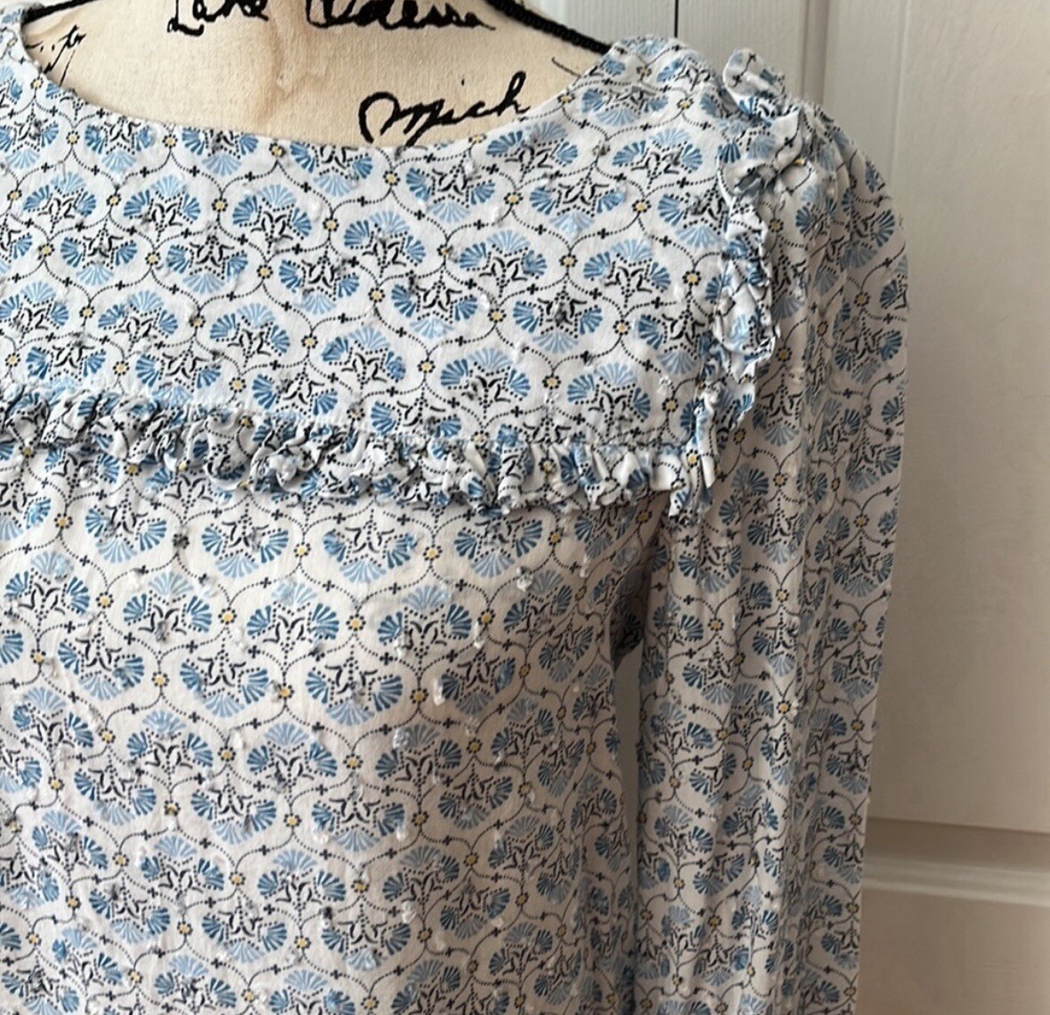 Loft size small beautiful blue patterned long sle… - image 3