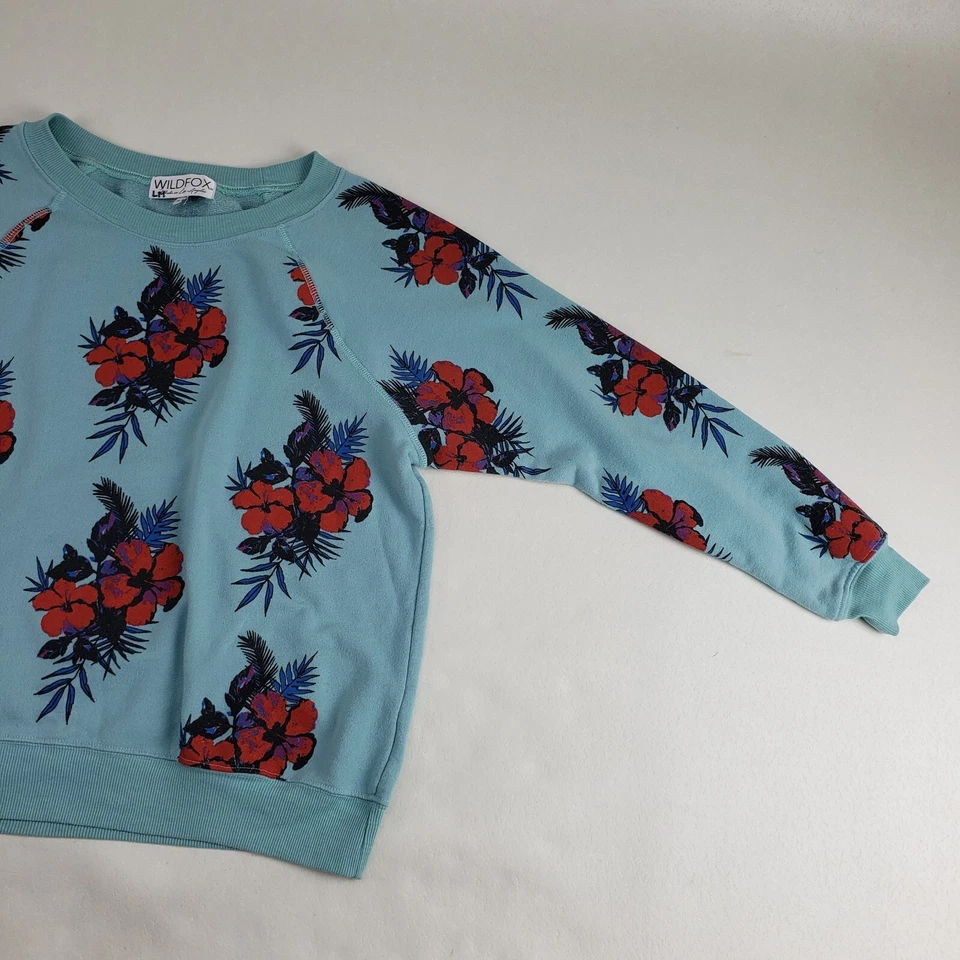 Wildfox Hibiscus Dreams Floral Sweatshirt Womens XS Turquoise Tropical Pullover - Image 2 of 4