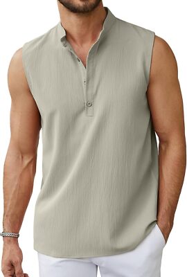 Sleeveless Beach Shirts for Men Summer Tank Top Button Down Henley T-Shirts