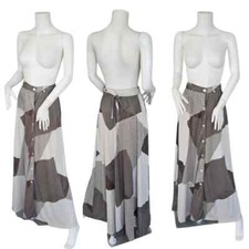 1970s Brown White Patchwork Stripe Print Nylon Maxi Skirt Sz Med I W: 26"