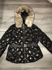 Ladies Size 18 Plus River Island Black Belted Puffer Jacket Coat Faux Fur Hood ,