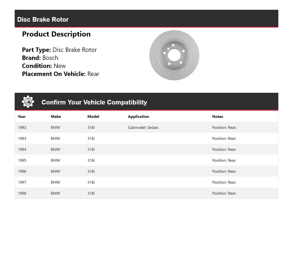 Rotor de freno de disco trasero QuietCast Bosch 1992-1998 BMW 318i Bosch 1993 1994 1995 1996 Foto 2 de 4