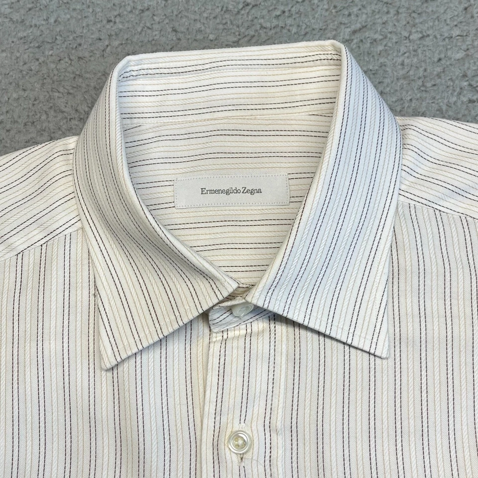 Camisa de Vestir Ermenegildo Zegna Hombres 41 16 100% Algodón Blanco Beige Bolsillo a Rayas Foto 4 de 4