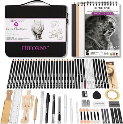 HIFORNY 70 Pcs Drawing Set Sketching Kit - Sketch 1 Count (Pack of 70), Black 