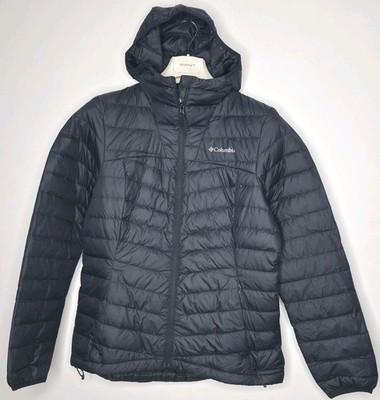 Columbia 650 Fill Down Puffer Jacket Damen Medium Black Hooded Outdoor Coat Zip