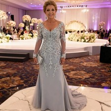 Elegant Mermaid Mother Of The Bride Dresses Long Sleeves Silver Evening Gowns