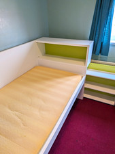 White/Green Single Wooden Bed Frame with Shelf Headboard Storage, Modern