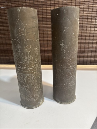 Pair Highly Decorated Dated 1917 WW1 Trench Art Brass 75MM