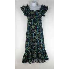 Hawaiian Dress Women 20 Black Bamboo Print Muumuu Long Maxi Ruffle Luau Aloha