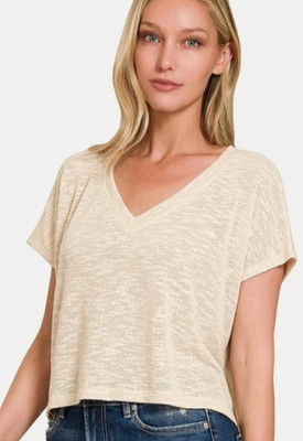 Zenana Women s Textured V Neck Top   Short Sleeve Casual Knit Tee   NWT   S M L 