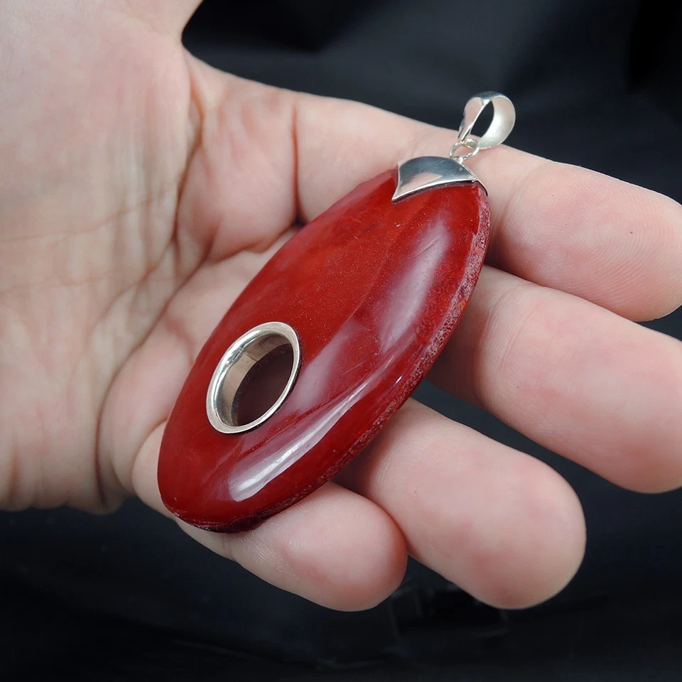 Gioielli con ciondolo in argento sterling 925 grande ovale in corallo rosso... - Immagine 4 di 4