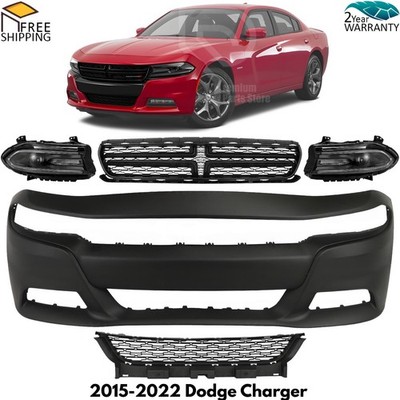 Front Bumper Cover Primed Plastic & Headlights Kit For 2015-2022 Dodge Charger