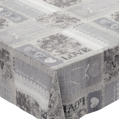 BLUMEN GRAU HERZEN POSTKARTE PATCHWORK PVC KUNSTSTOFF ÖL VINYL TISCHDECKE ESSEN