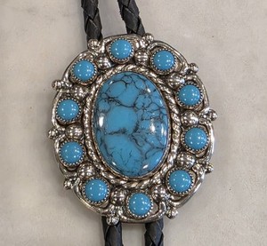 Vintage Nickel Silver Bell Turquoise Blue Cabochon Oval Bolo Tie