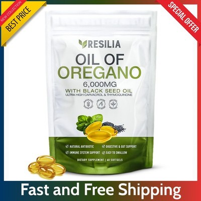 60 Count Black Seed Oil Softgels 6000mg - Oregano Immune Digestive Support Caps.