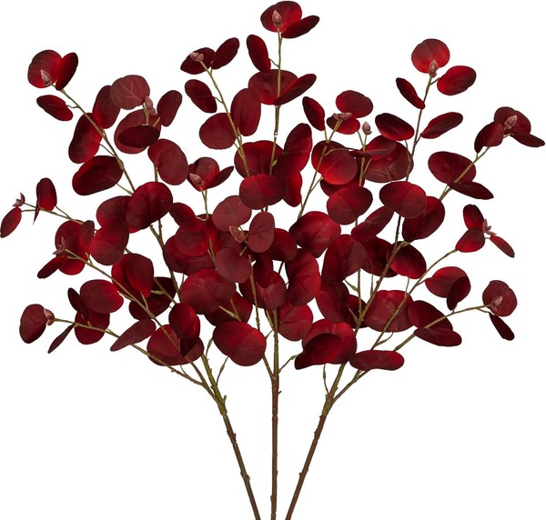 KüNstliche Eukalyptus Zweige 81Cm Dunkelrot Dekozweige Kunstpflanze Set 3 StüCk-image