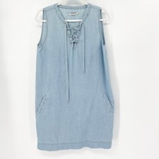 Madewell Chambray Lace Up Shift Dress Sz S Blue Light Wash Sleeveless Pockets