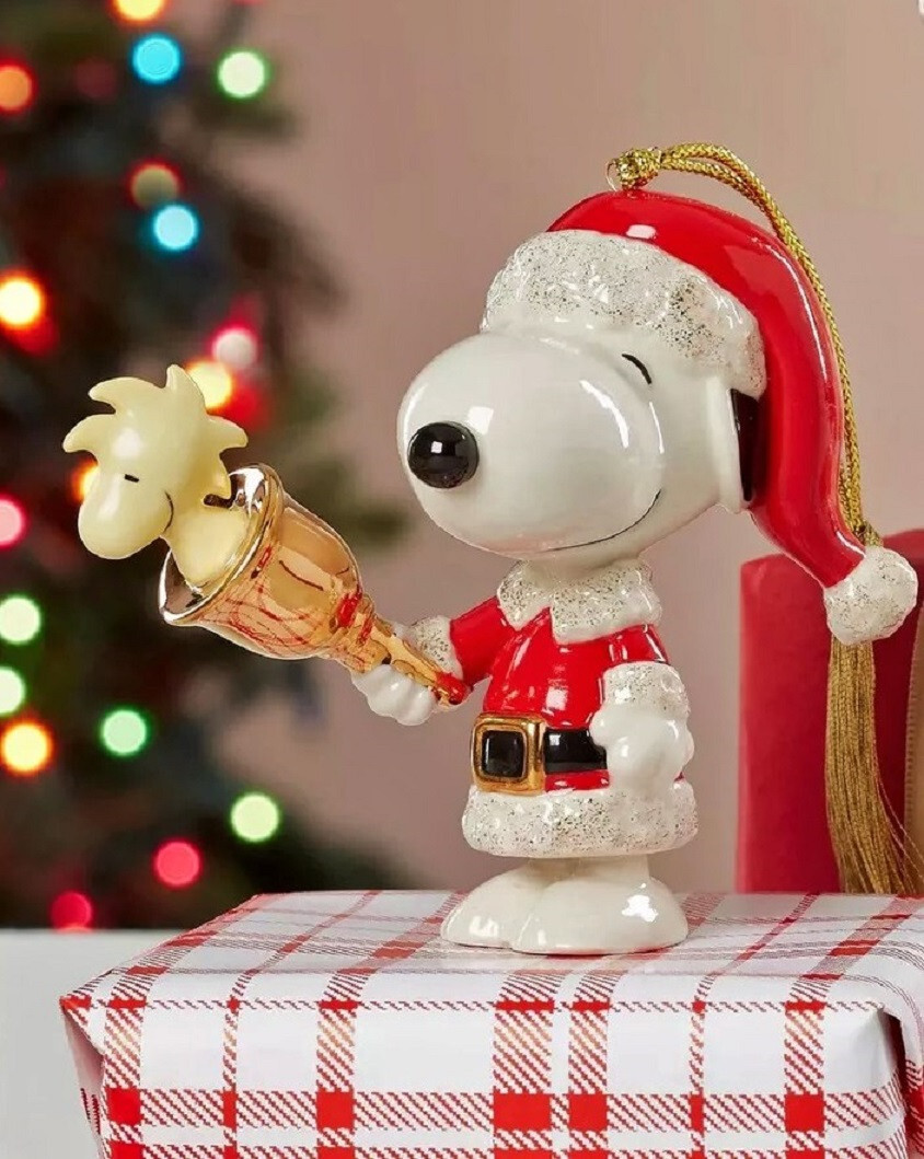 Lenox Ornament SNOOPY Ringing Bell & Woodstock Xmas Porcelain 24k