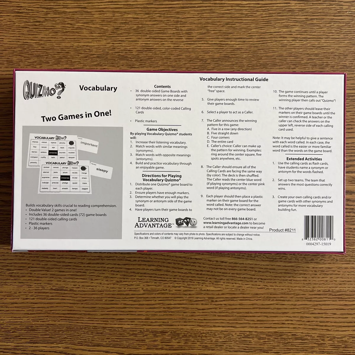 Learning Advantage QUIZMO Vocabulary - 36 Double-Sided Game Boards -  Bingo-Style