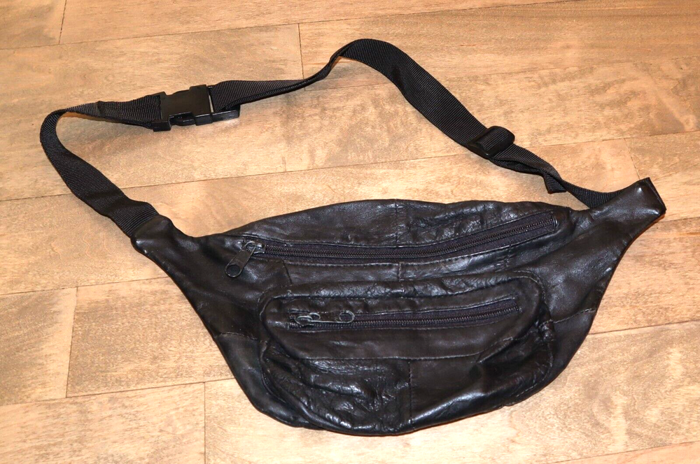 Vintage Black Leather Mosaic India Waist Pack Hip Belt Bag  