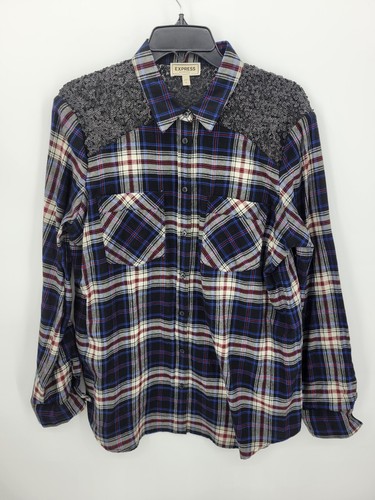 Express Boyfriend Top Womens Large Black Plaid Sequined Long Sleeve Button Up