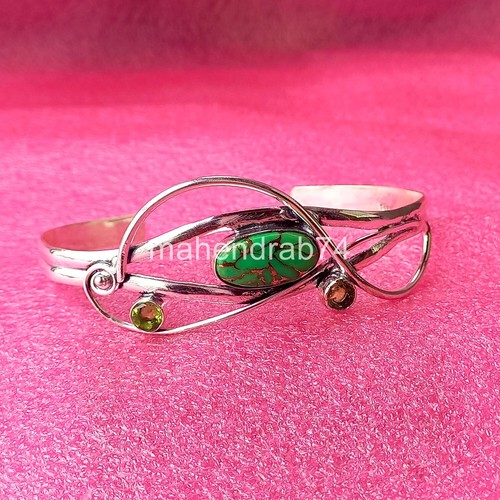 Green Copper Turquoise Bangle 925 Sterling Silver Handmade Women Bracelet M078 - Picture 2 of 4