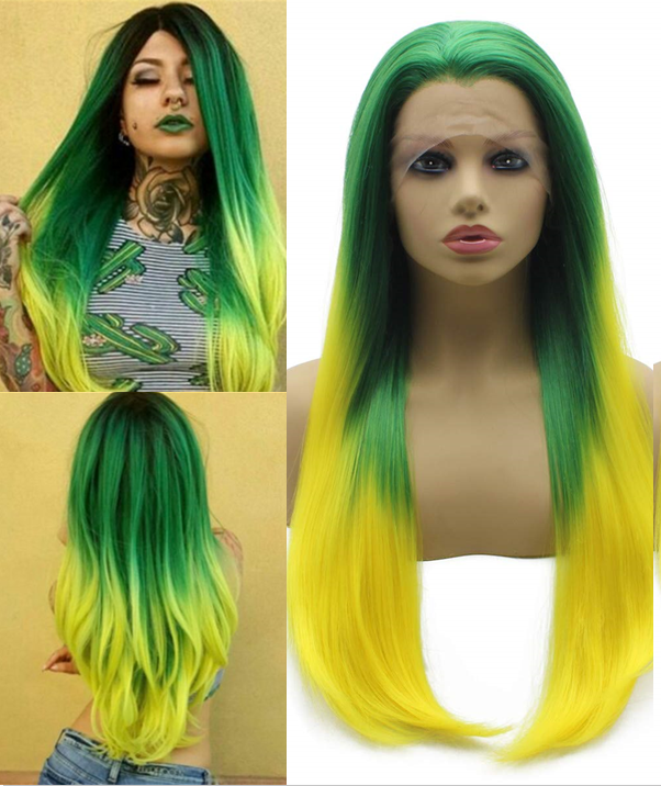 Long Straight Green Yellow Ombre Synthetic Lace Front Wigs  display picture 3