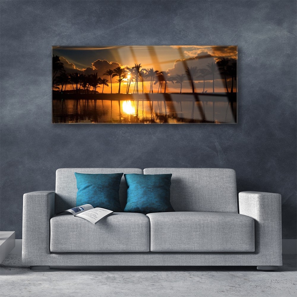 Tableau moderne acrylique paysage arbres et soleil format panoramique