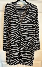 MICHAEL KORS DRESS LS ZEBRA PRINT LT GRAY & BLACK V NECK ZIP FRONT SIZE XL EUC