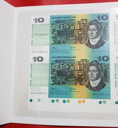 1991 AUSTRALIAN $10 UNCUTBLOCK OF 4 FRASER/COLE BLACK OVERPINT INTERNATIONL FAIR - Picture 4 of 10
