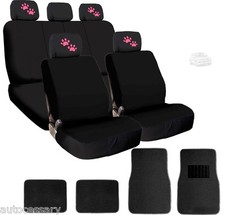 Para VW Nuevo 4X Patas Rosa Logo Reposacabezas Tela Negra Fundas y Tapetes de Asiento