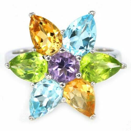 Silver Ring Topaz Citrine Peridot Genuine Gems Solid Sterling Size O US 7.25 - Picture 2 of 24