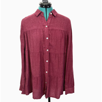 J Jill Women's XS Bordeaux Burgundy Button Front Shirt Top Tiered Relaxed