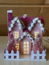 Raz Imports 3.75" Lighted Pink Putz House Ornament Bottlebrush Tree Double Gable