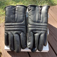 Mens Black Leather Gloves Zipper Quilted Motorcycle Biker Style Warm Winter