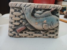 Napcoware Raised Fish Decorative Motiff White Basket Style Planter 3x5" Vintg