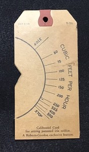 VTG DENNISON TAG ROBERTS-GORDON APPLIANCE CORP CALIBRATION CARD, GAS RATE TOOL