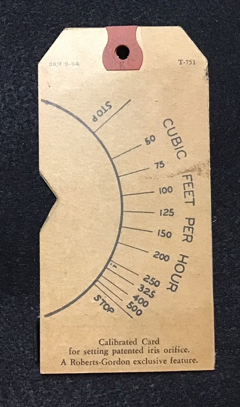 VTG DENNISON TAG ROBERTS-GORDON APPLIANCE CORP CALIBRATION CARD, GAS RATE TOOL