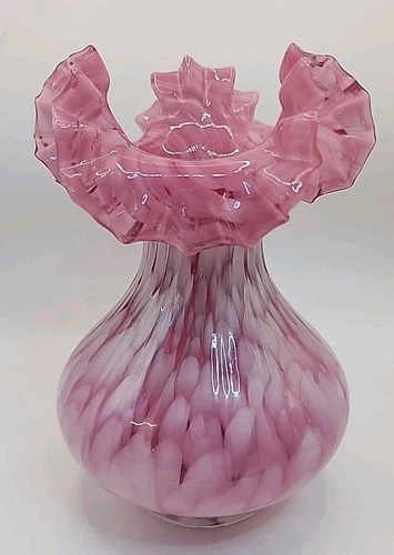 Vintage Fenton Cranberry Opalescent Spatter Hand Blown Vase Ruffle Top 8"
