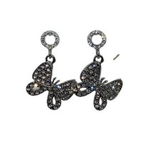 New NWT Silver-Tone Clear Rhinestone Dangle Butterfly Earrings