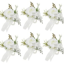 6 PCS Wrist Corsage Wedding Artificial White Rose Pearl Prom Bridal Bridesmaid