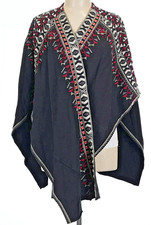 Johnny Was Embroidered Cape Poncho Black Red Ivory Cotton Open Front Large