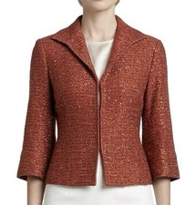 Lafayette 148 Cropped Metallic Tweed Wool Blazer Red Orange Silver Business Glam